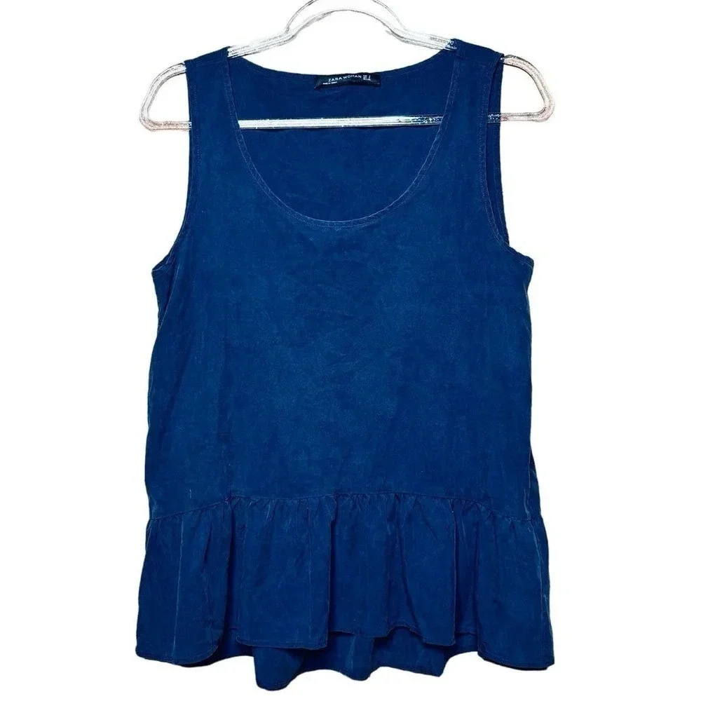 Zara Women Navy ruffle oversized Sleeveless tank Size Small EUC